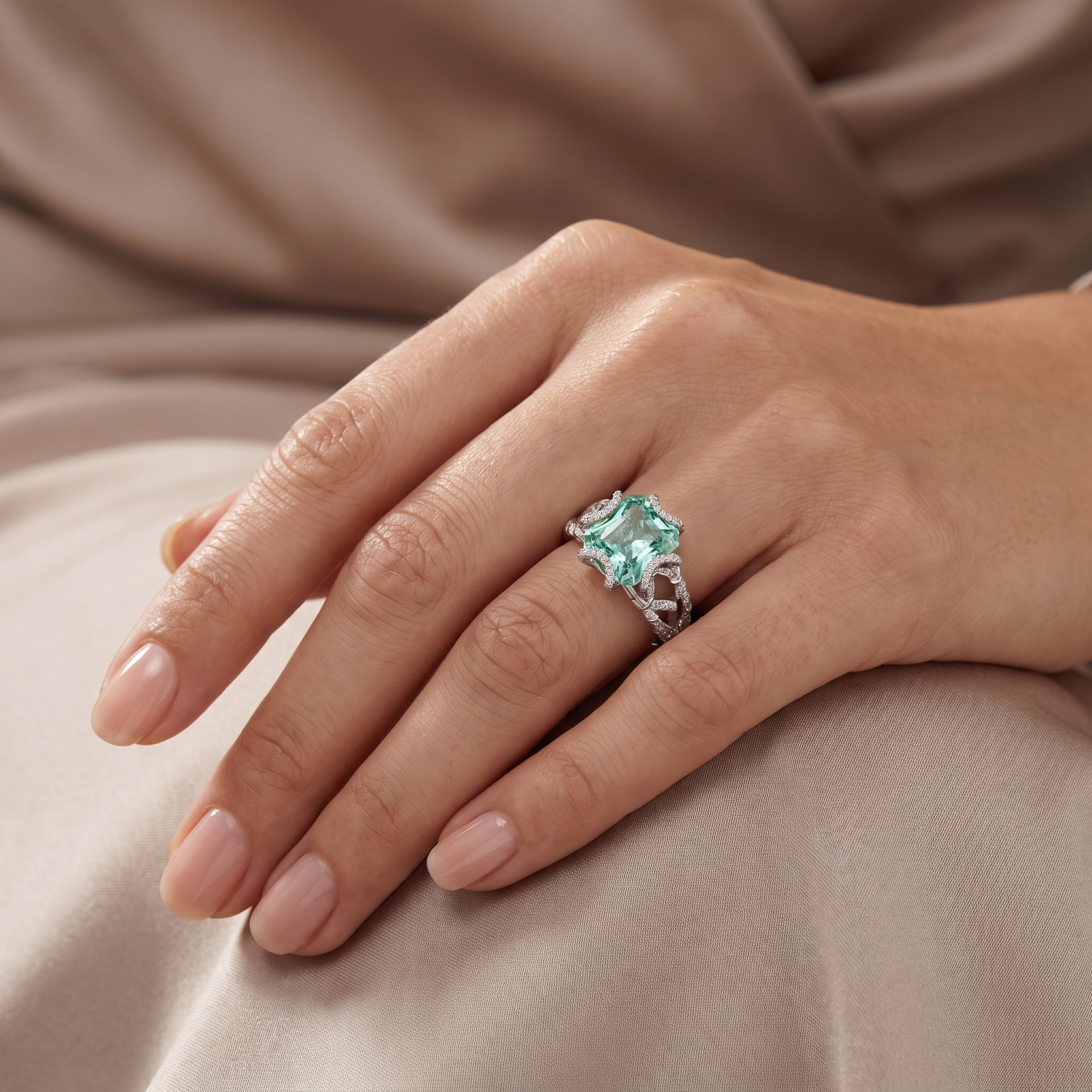 Fancy Light Green Emerald-Cut Lab Created Diamond Statement Ring | 7.53 CT Lab Created Diamonds | 14K White Gold Secondary image
