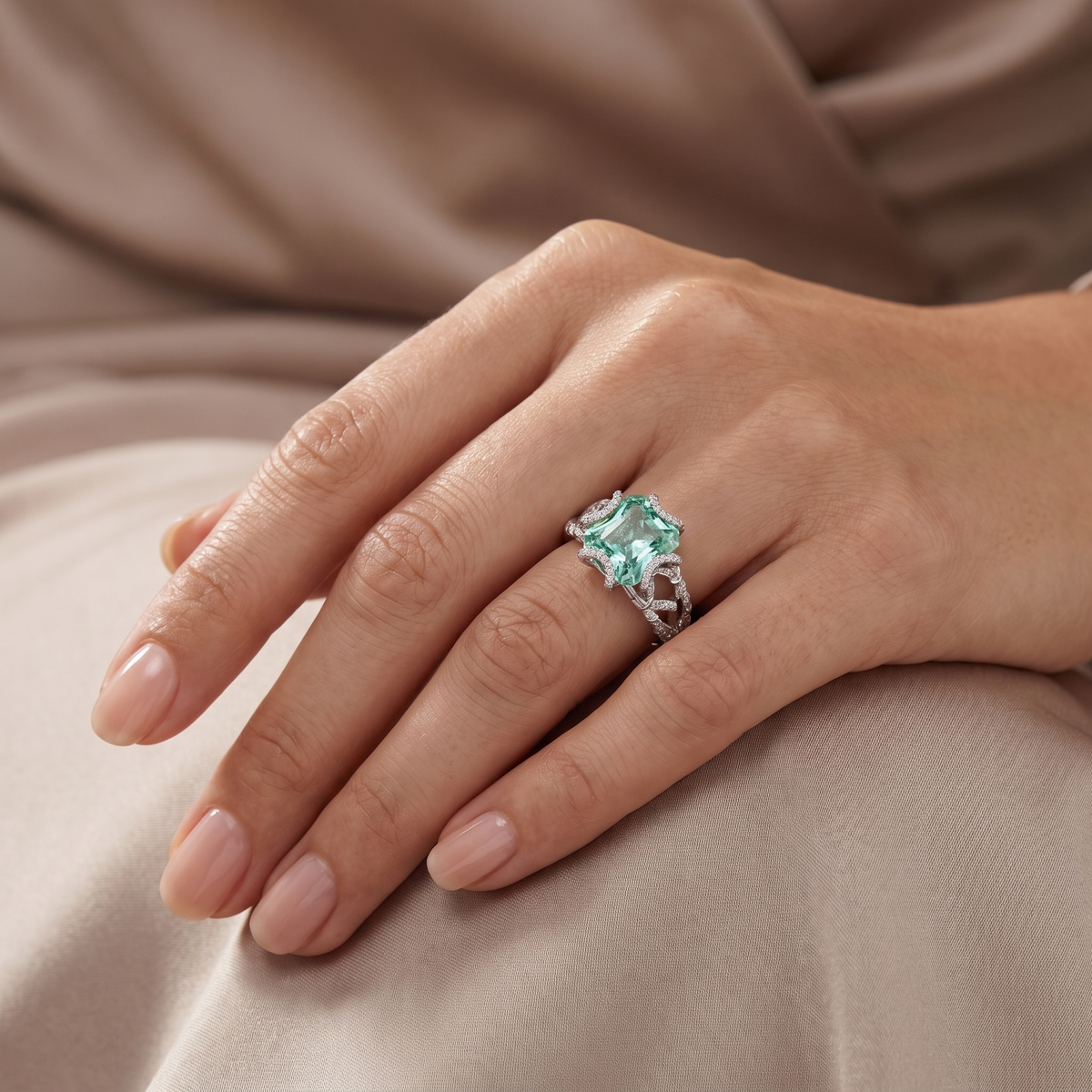 Fancy Light Green Emerald-Cut Lab Created Diamond Statement Ring | 7.53 CT Lab Created Diamonds | 14K White Gold