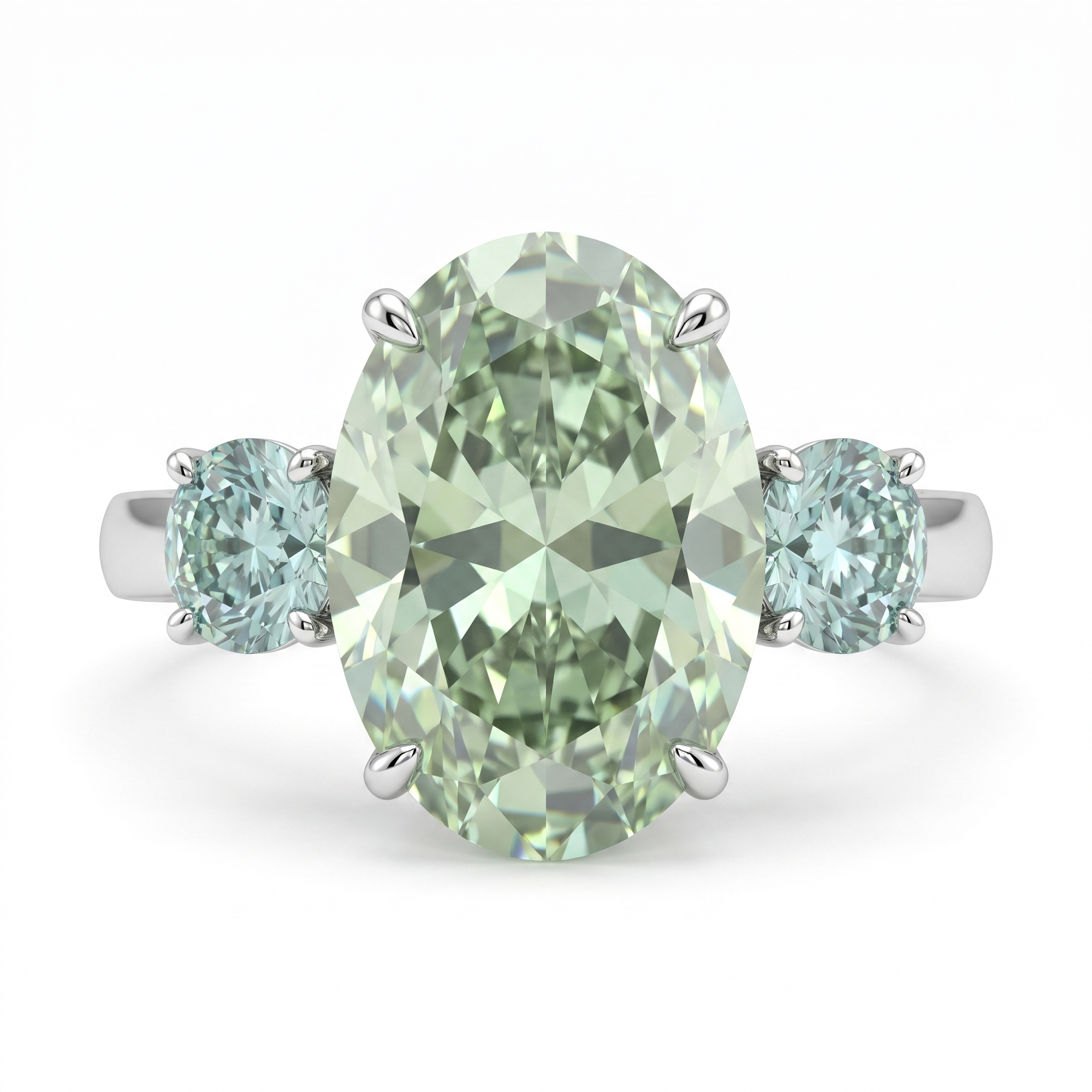 Fancy Light Green Oval-Cut Lab Created Diamond Three-Stone Ring | 15.10 CT Lab Created Diamonds | 14K White Gold