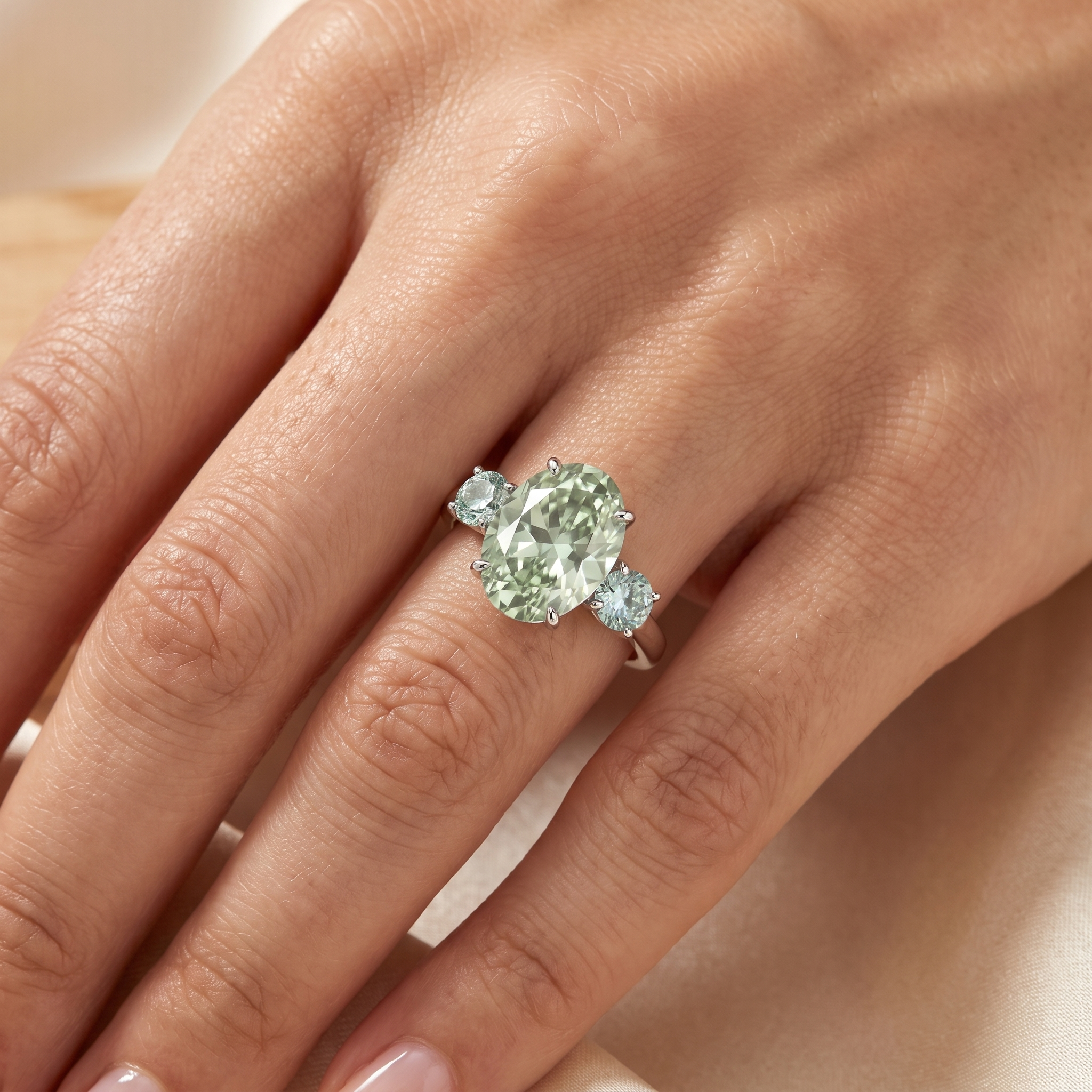 Fancy Light Green Oval-Cut Lab Created Diamond Three-Stone Ring | 15.10 CT Lab Created Diamonds | 14K White Gold Secondary image