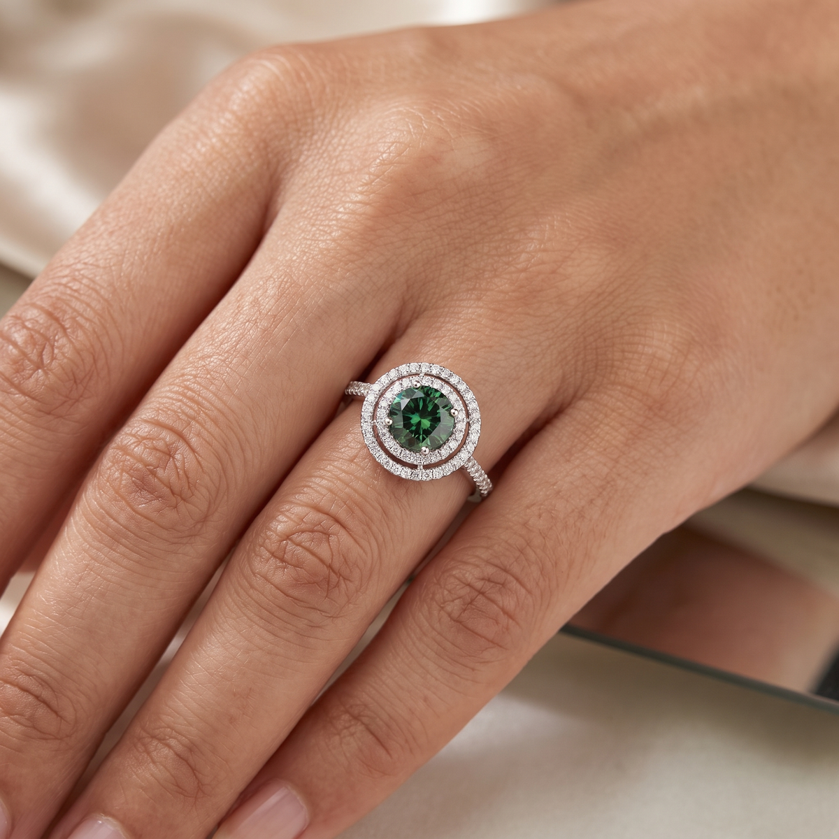 Fancy Deep Green Round Lab Created Diamond Double Halo Ring | 3.06 CT Lab Created Diamonds | 14K White Gold