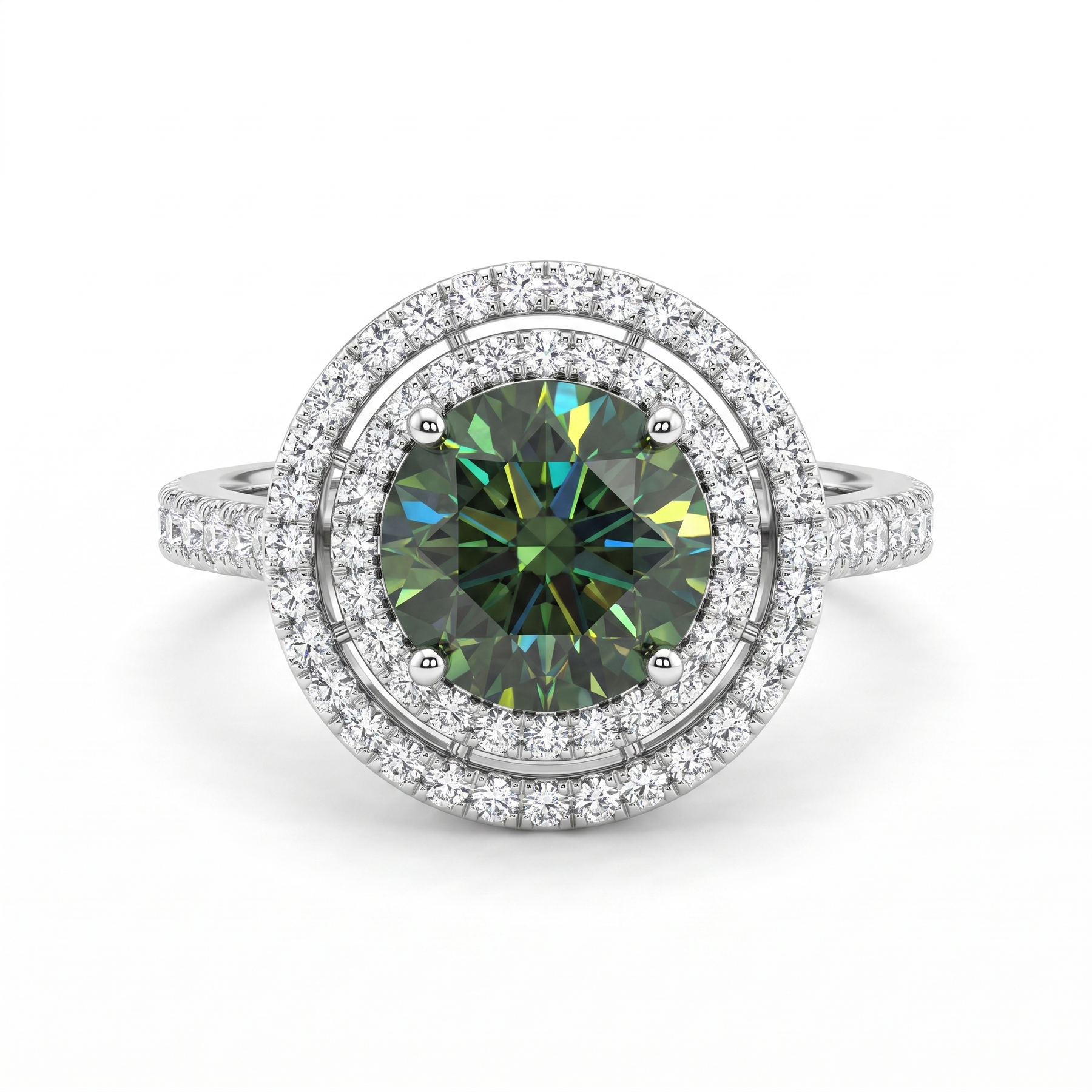 Fancy Deep Green Round Lab Created Diamond Double Halo Ring | 3.06 CT Lab Created Diamonds | 14K White Gold