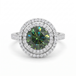 Fancy Deep Green Round Lab Created Diamond Double Halo Ring | 3.06 CT Lab Created Diamonds | 14K White Gold