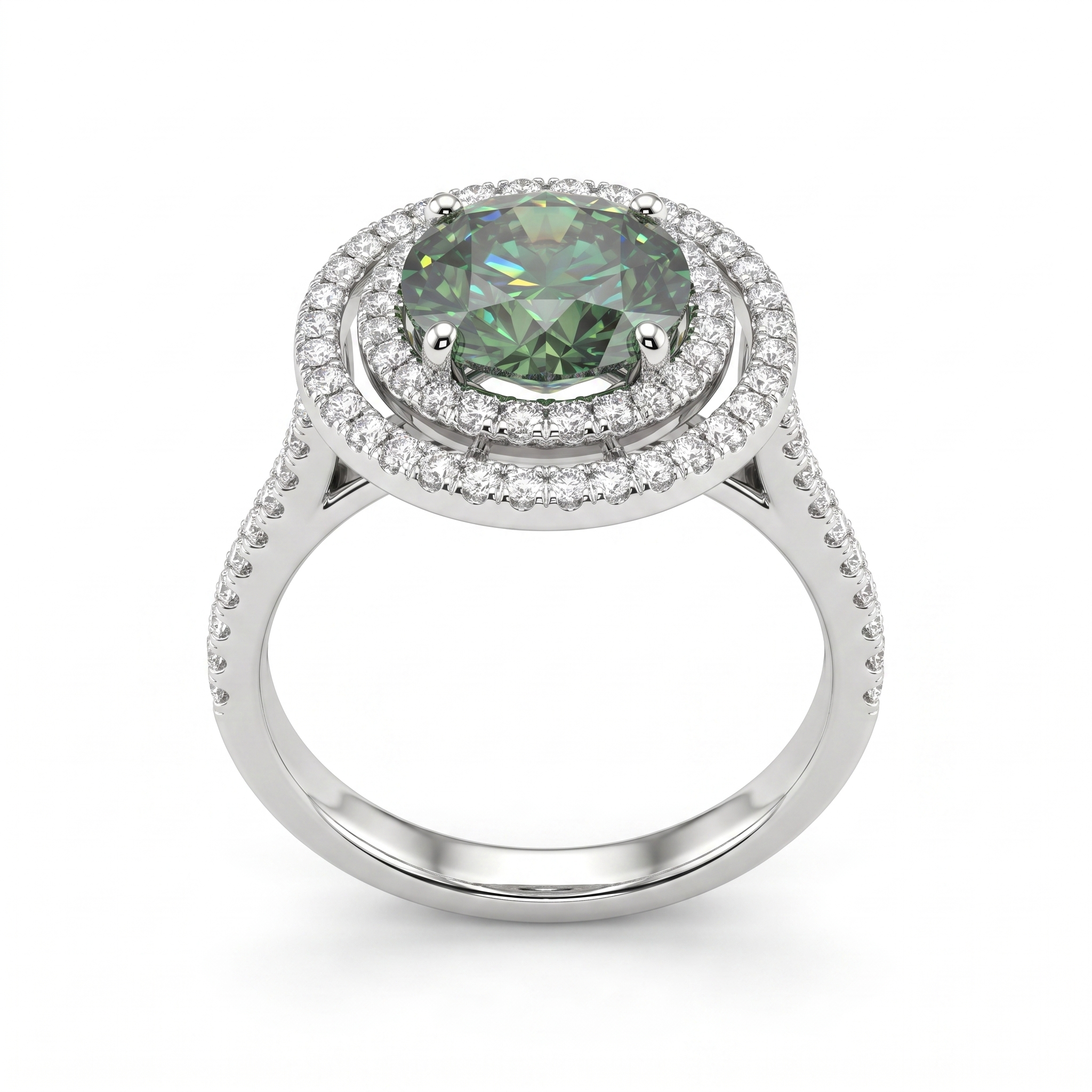Fancy Deep Green Round Lab Created Diamond Double Halo Ring | 3.06 CT Lab Created Diamonds | 14K White Gold Secondary image