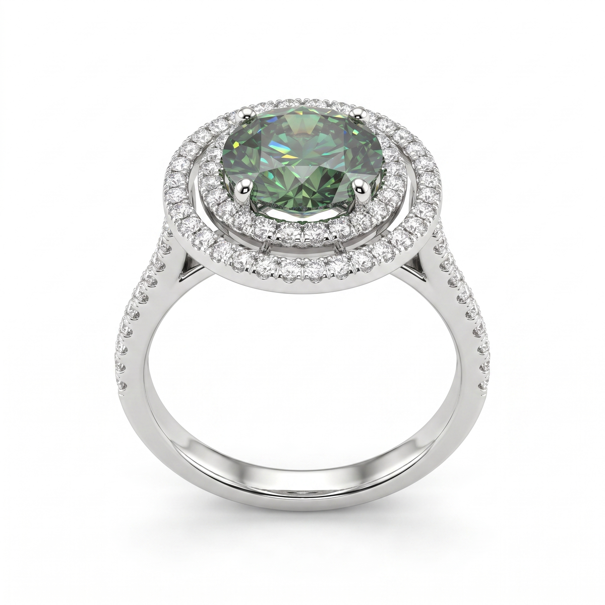 Fancy Deep Green Round Lab Created Diamond Double Halo Ring | 3.06 CT Lab Created Diamonds | 14K White Gold