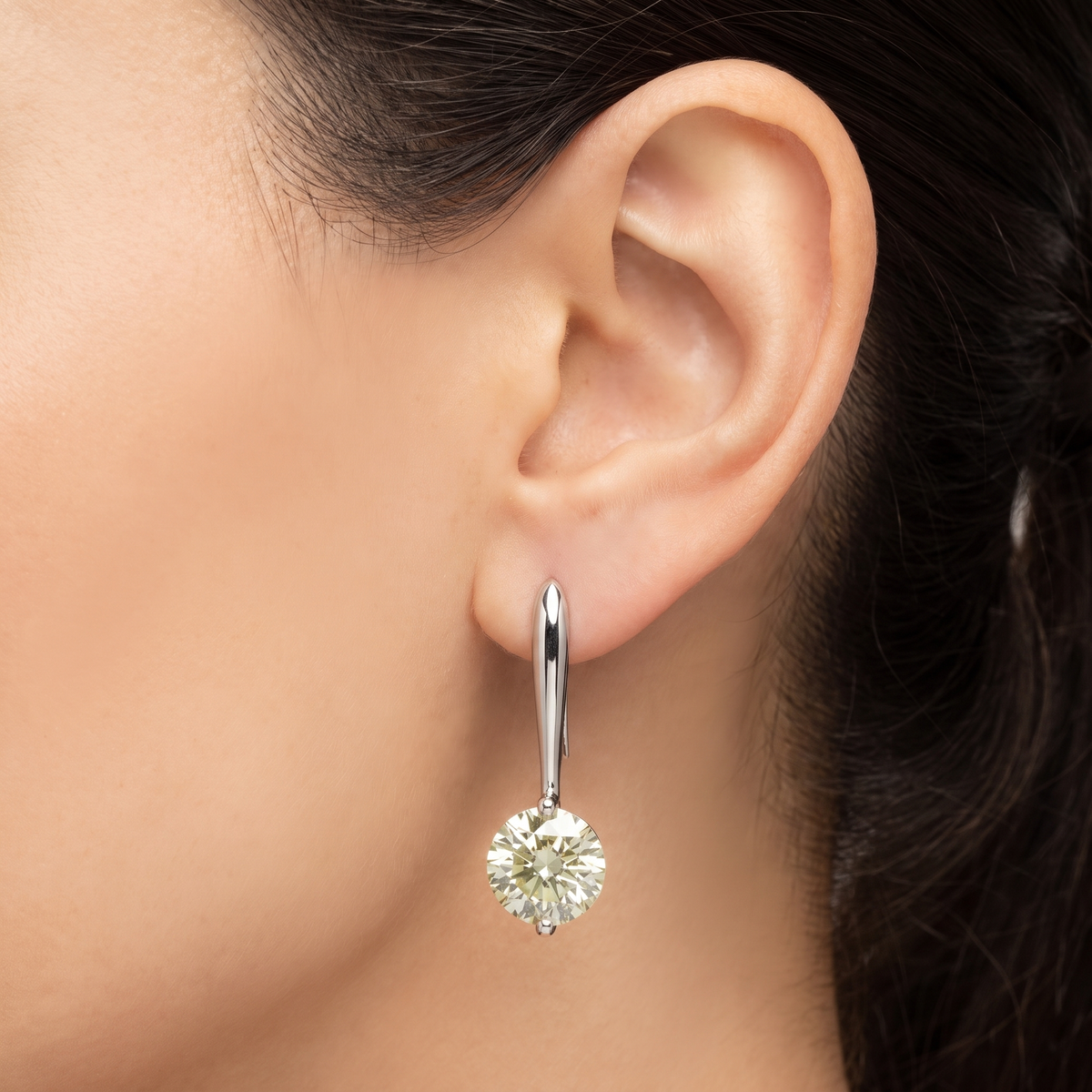 Light Yellow Round Lab Created Diamond Drop Earrings | 1.80 CT Lab Created Diamonds | 14K White Gold