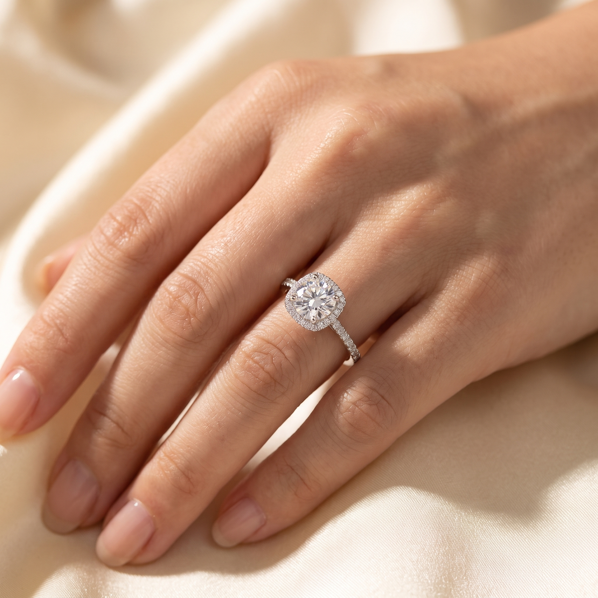 3.18 Ct Lab Created Diamond Cushion Halo Ring in 14K Fine Gold