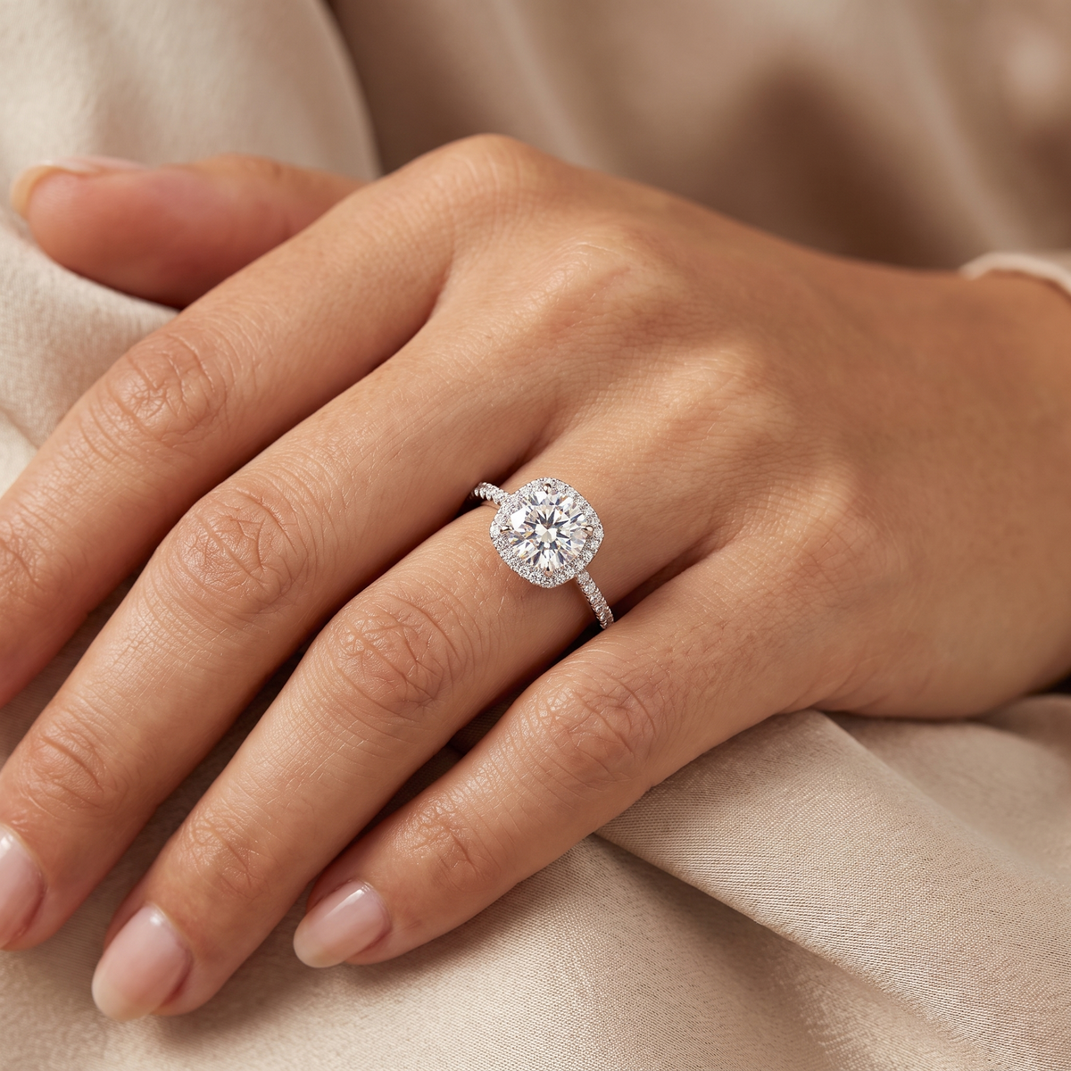 3.18 Ct Lab Created Diamond Cushion Halo Ring in 14K Fine Gold