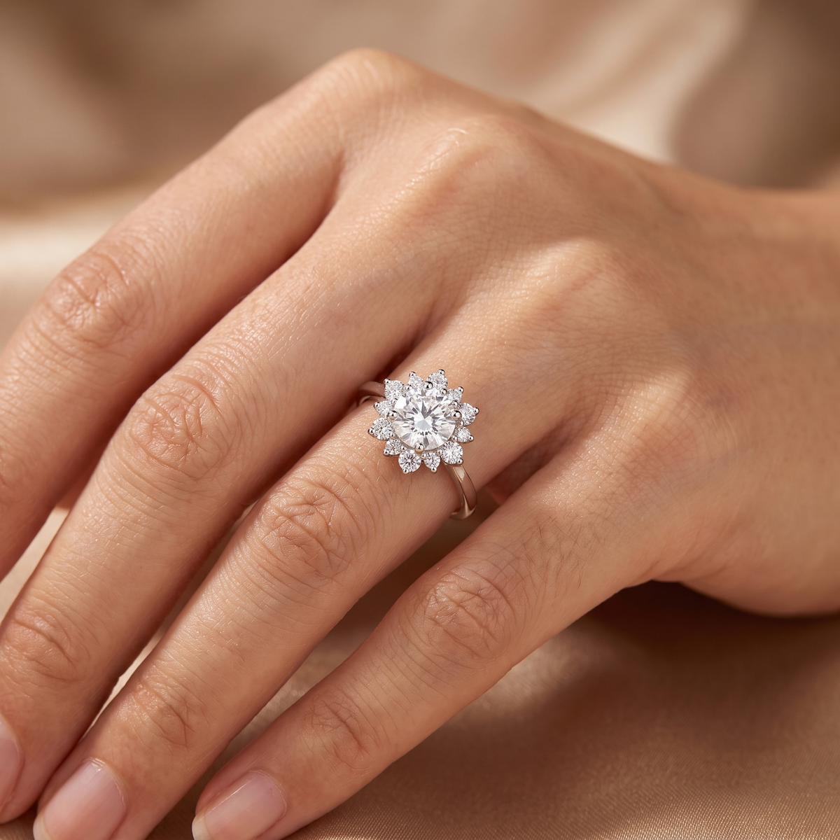 1.01 Ct Lab Created Diamond Round Floral Halo Ring in 14K Fine Gold
