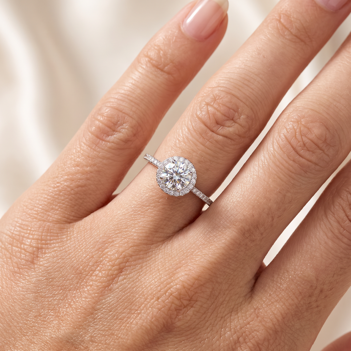 0.95 Ct VVS1 Lab Created Diamond Oval Halo Ring in 14K Fine Gold
