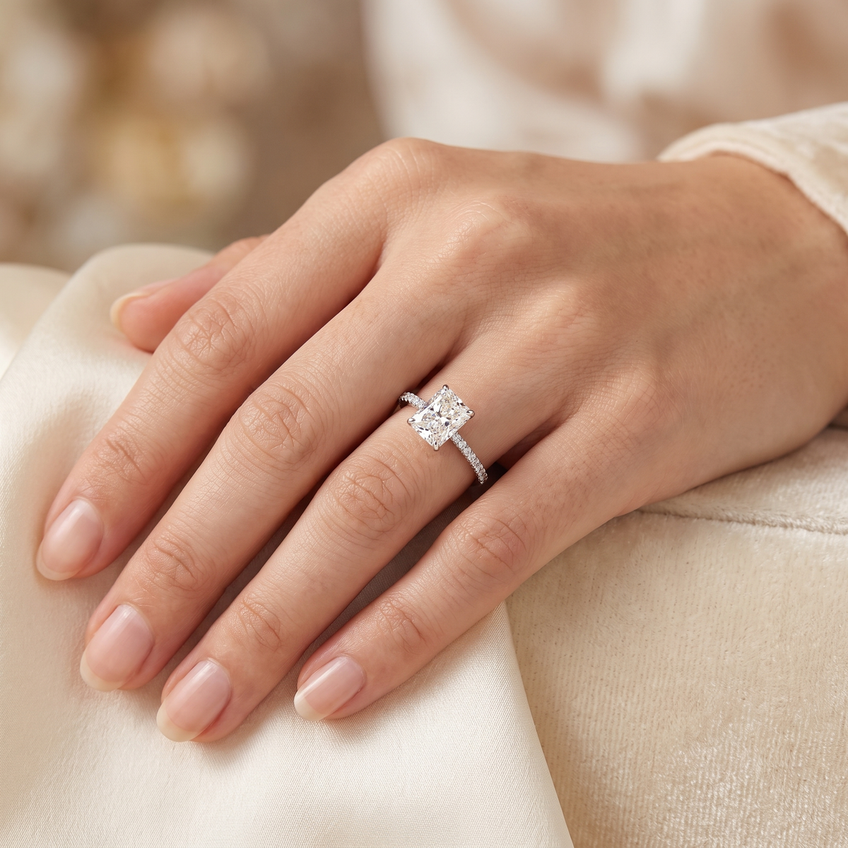 3.00 Ct Lab Created Diamond Radiant-Cut Pavé Ring in 14K Fine Gold