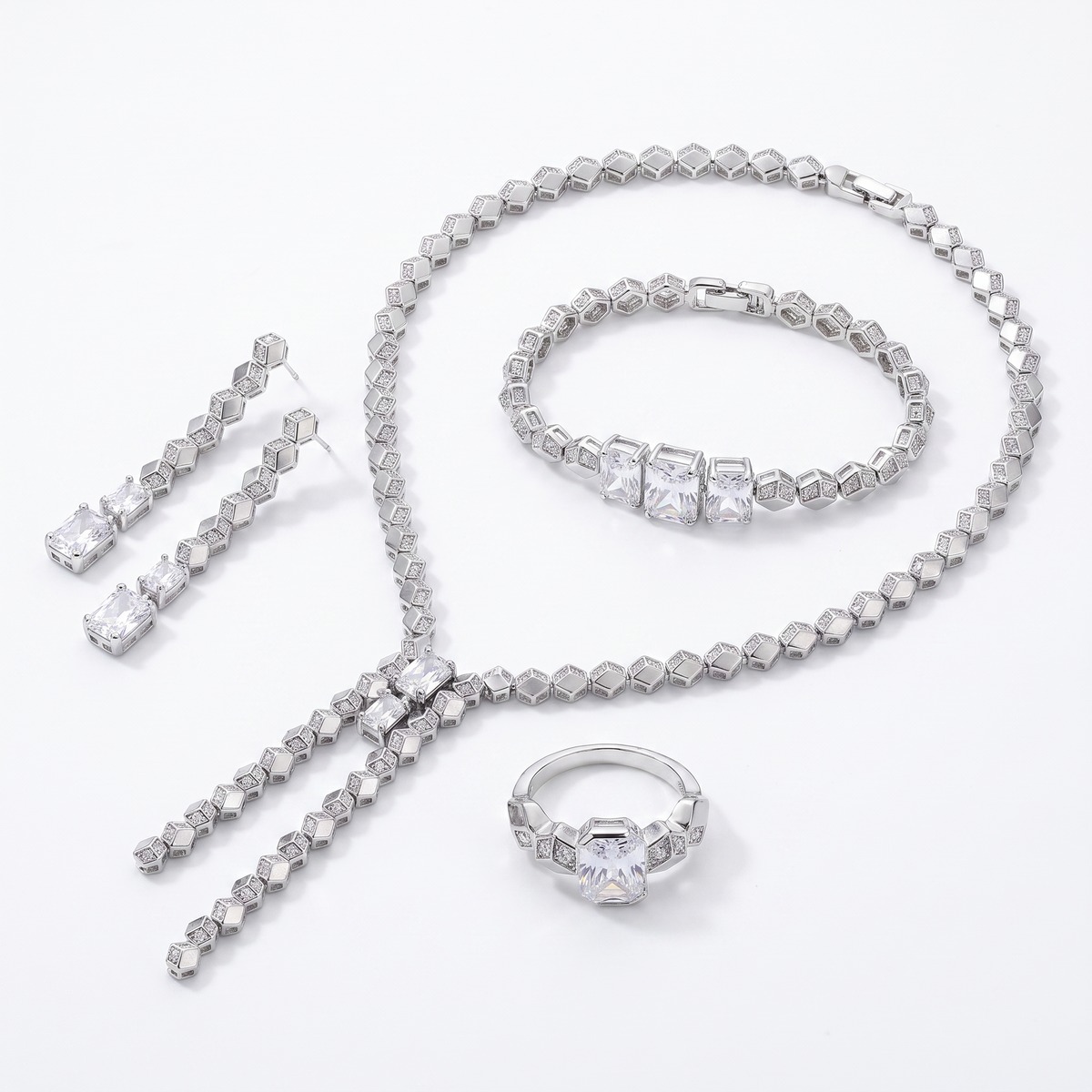 American Diamond Geometric Complete Jewelry Set in 925 Sterling Silver