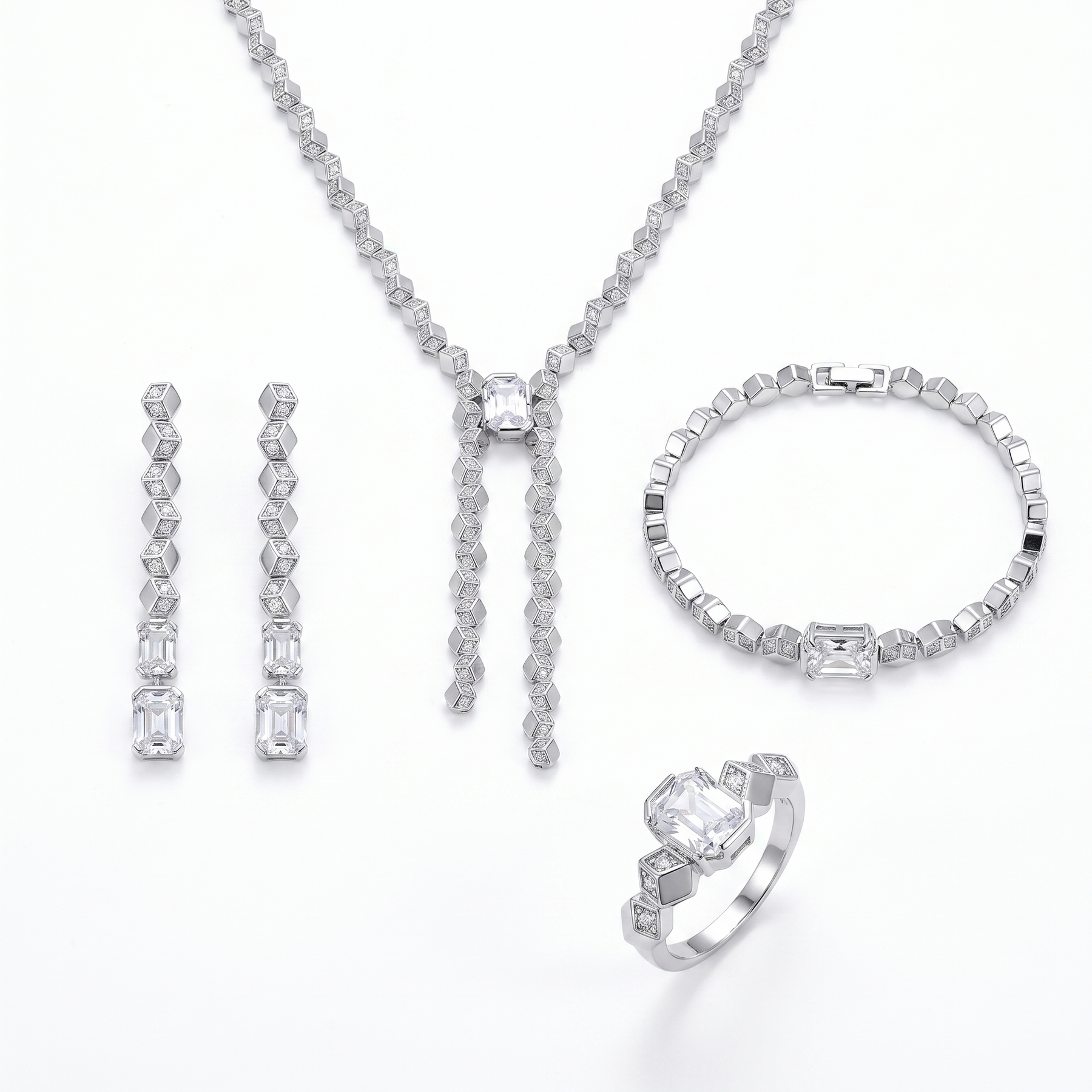 American Diamond Geometric Complete Jewelry Set in 925 Sterling Silver
