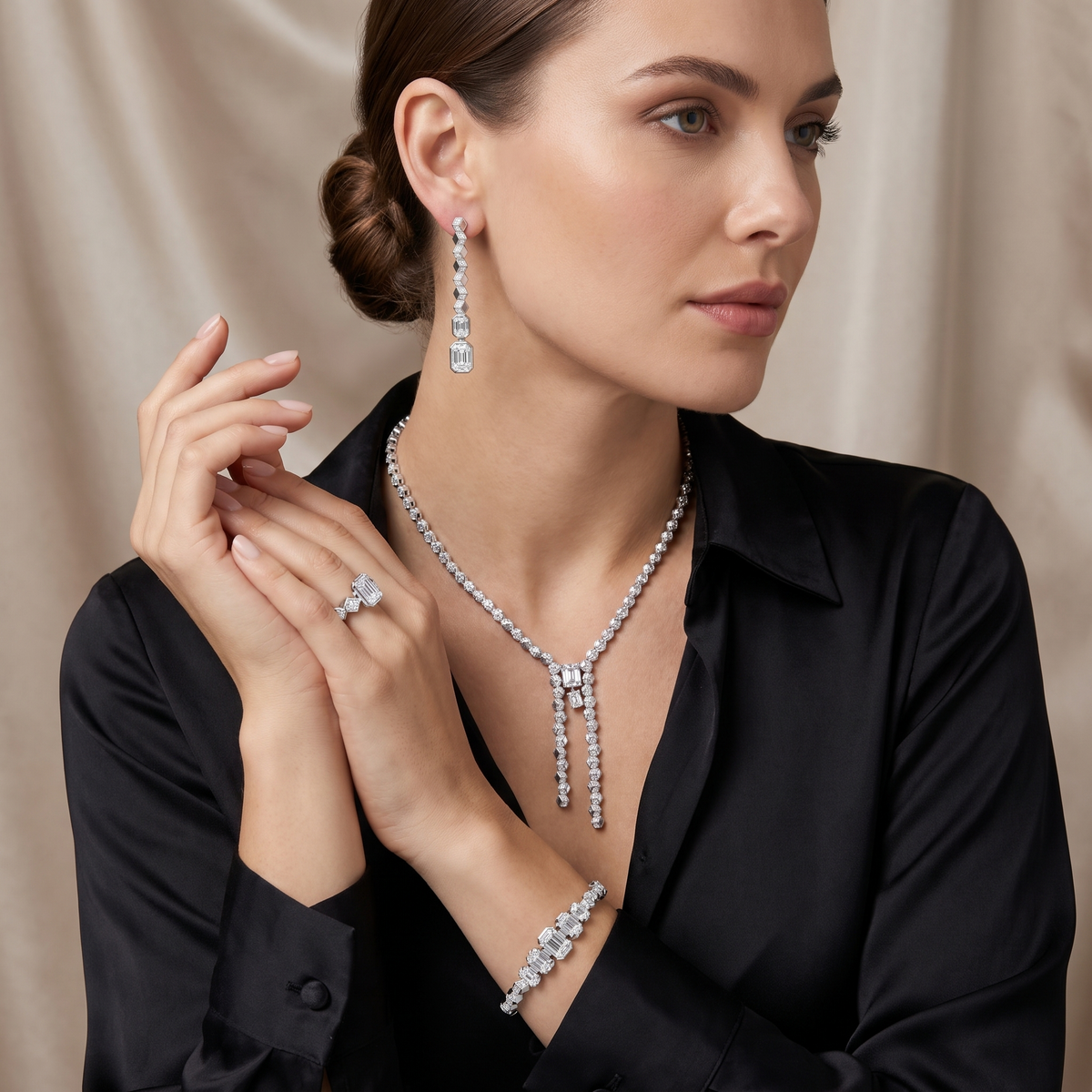 American Diamond Geometric Complete Jewelry Set in 925 Sterling Silver
