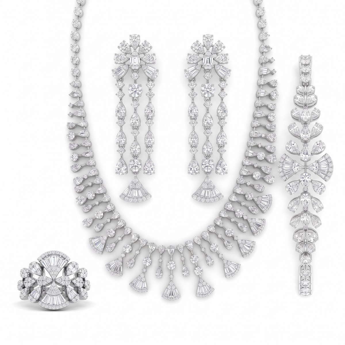 American Diamond Fan-Drop Complete Jewelry Set in 925 Sterling Silver Main image