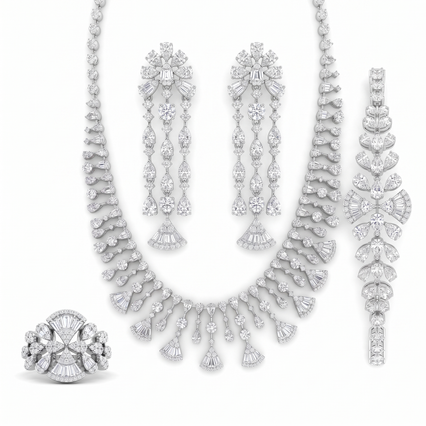 American Diamond Fan-Drop Complete Jewelry Set in 925 Sterling Silver