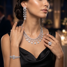 American Diamond Fan-Drop Complete Jewelry Set in 925 Sterling Silver