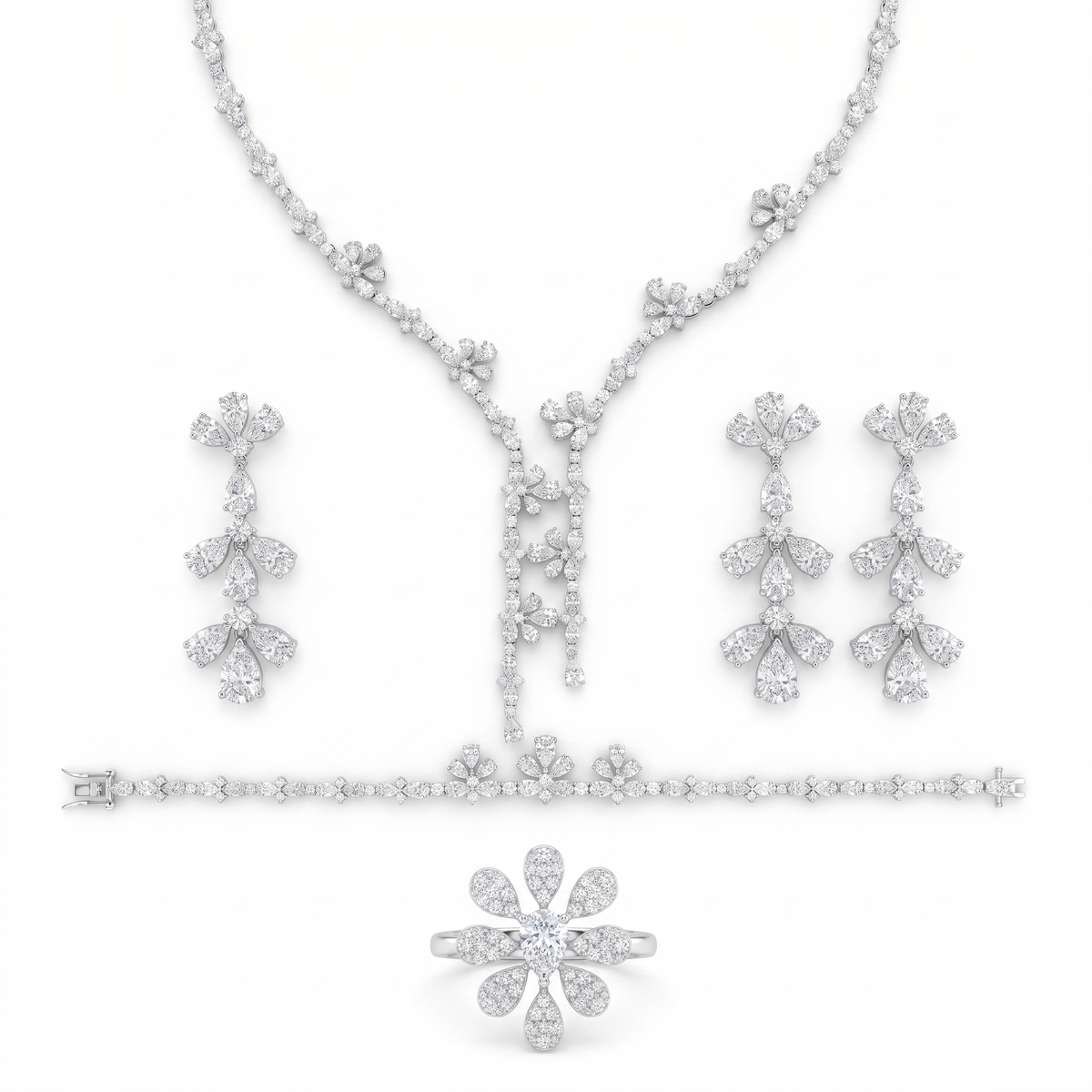 American Diamond Floral Drop Complete Jewelry Set in 925 Sterling Silver Main image
