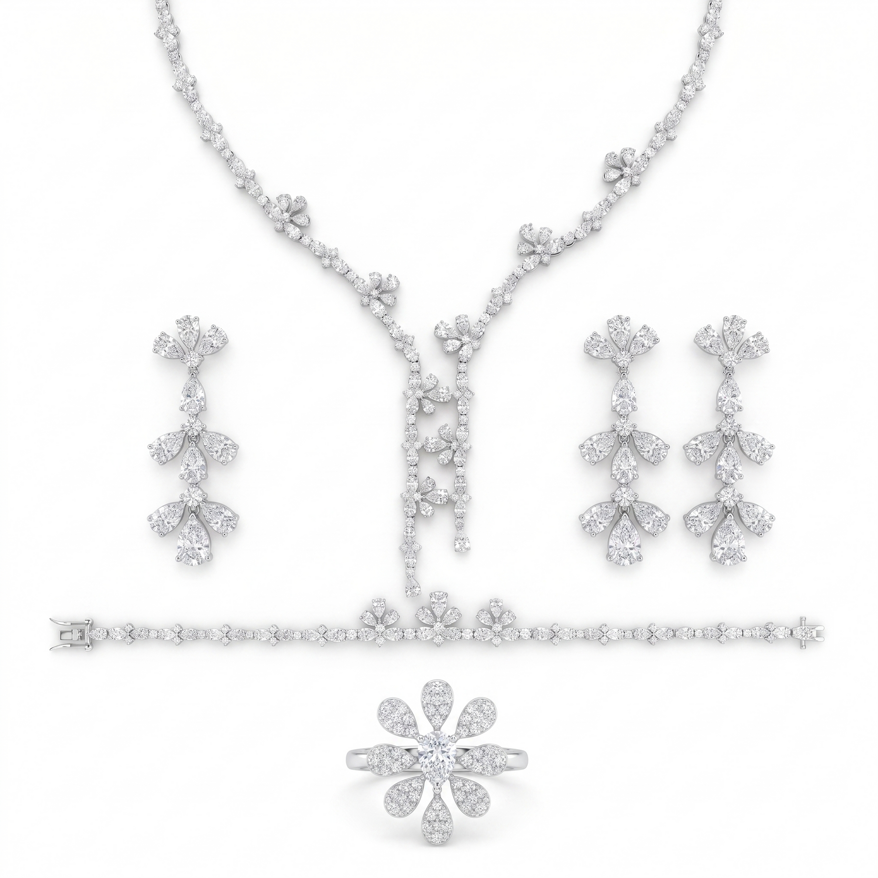 American Diamond Floral Drop Complete Jewelry Set in 925 Sterling Silver