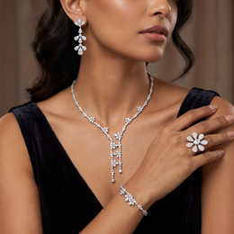 American Diamond Floral Drop Complete Jewelry Set in 925 Sterling Silver