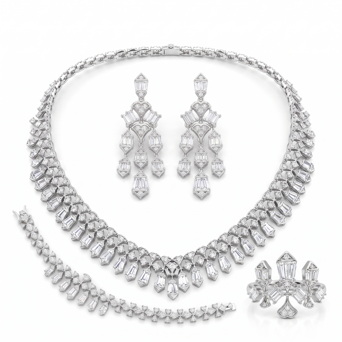 American Diamond Art Deco Baguette Complete Jewelry Set in 925 Sterling Silver