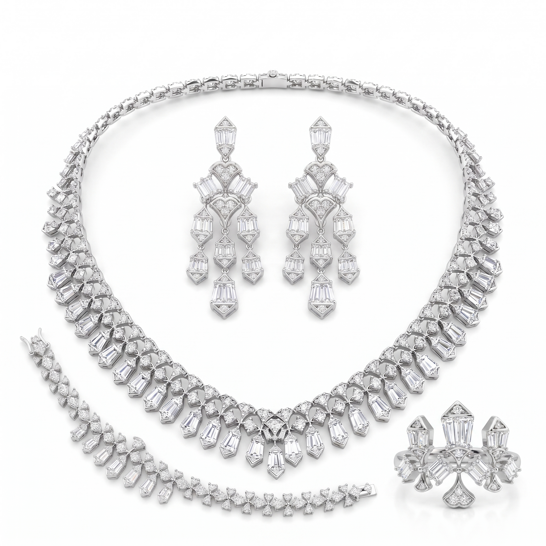 American Diamond Art Deco Baguette Complete Jewelry Set in 925 Sterling Silver