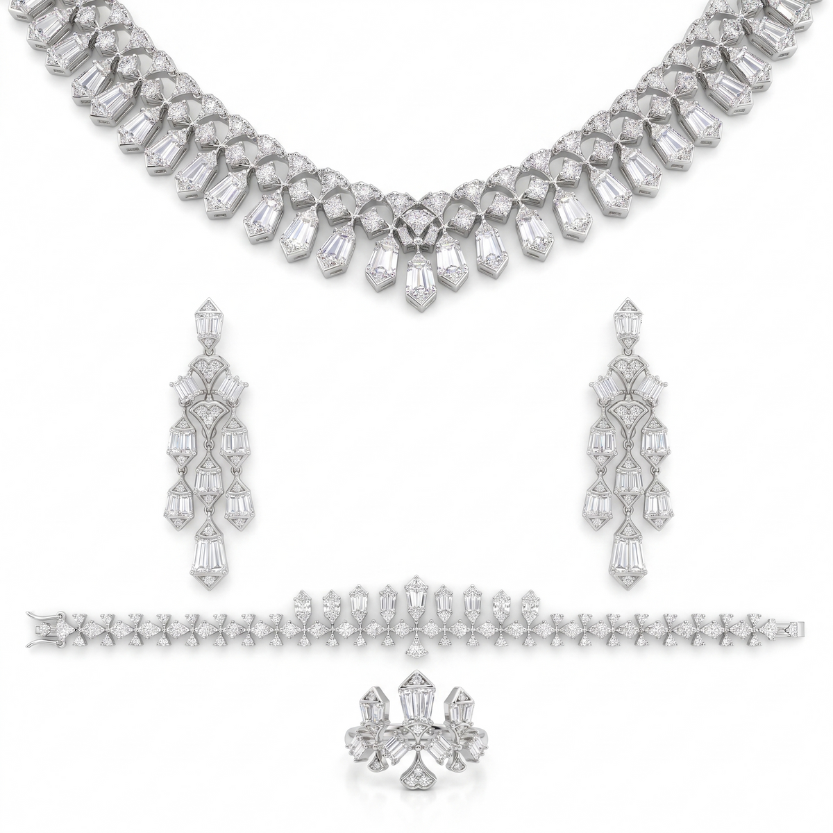 American Diamond Art Deco Baguette Complete Jewelry Set in 925 Sterling Silver