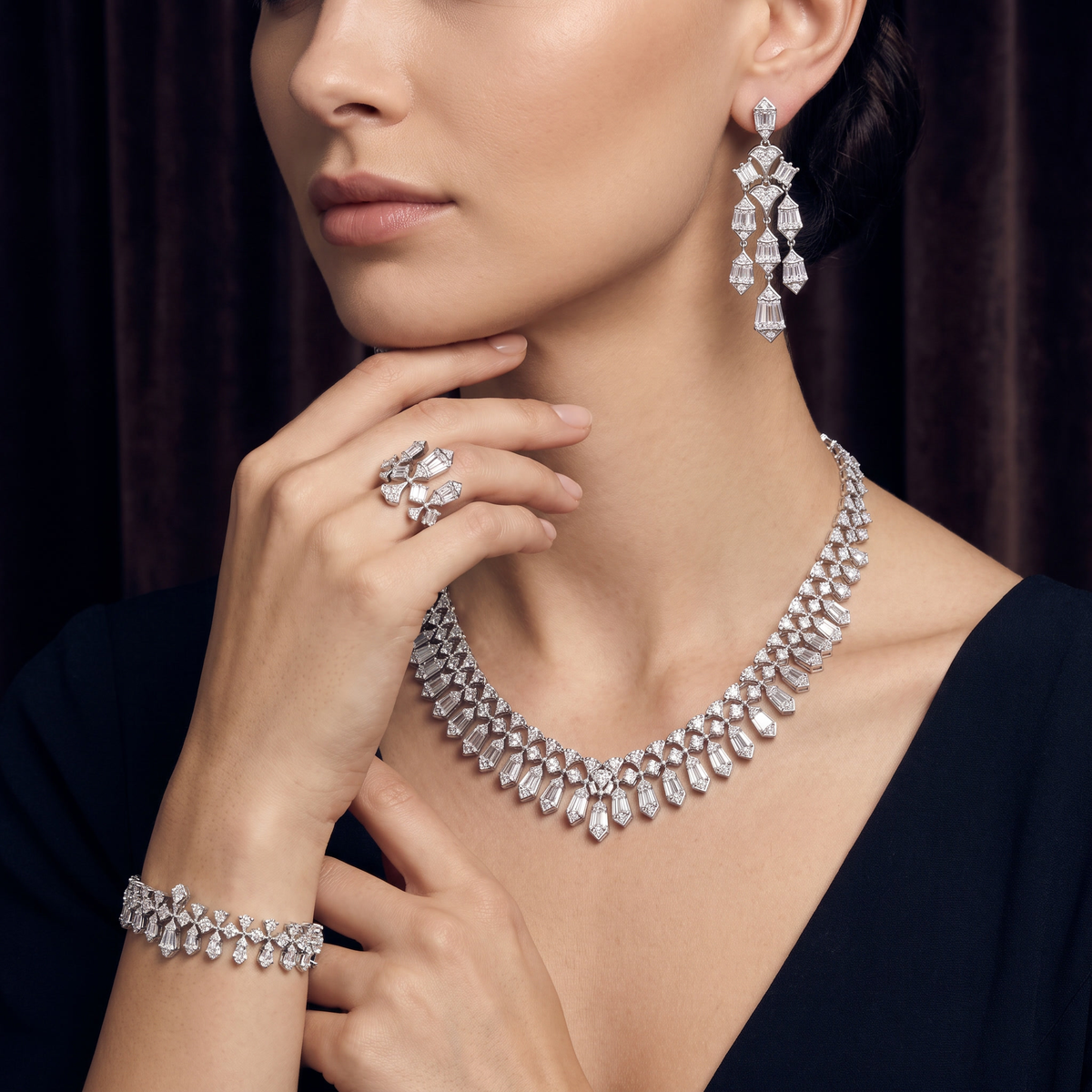 American Diamond Art Deco Baguette Complete Jewelry Set in 925 Sterling Silver