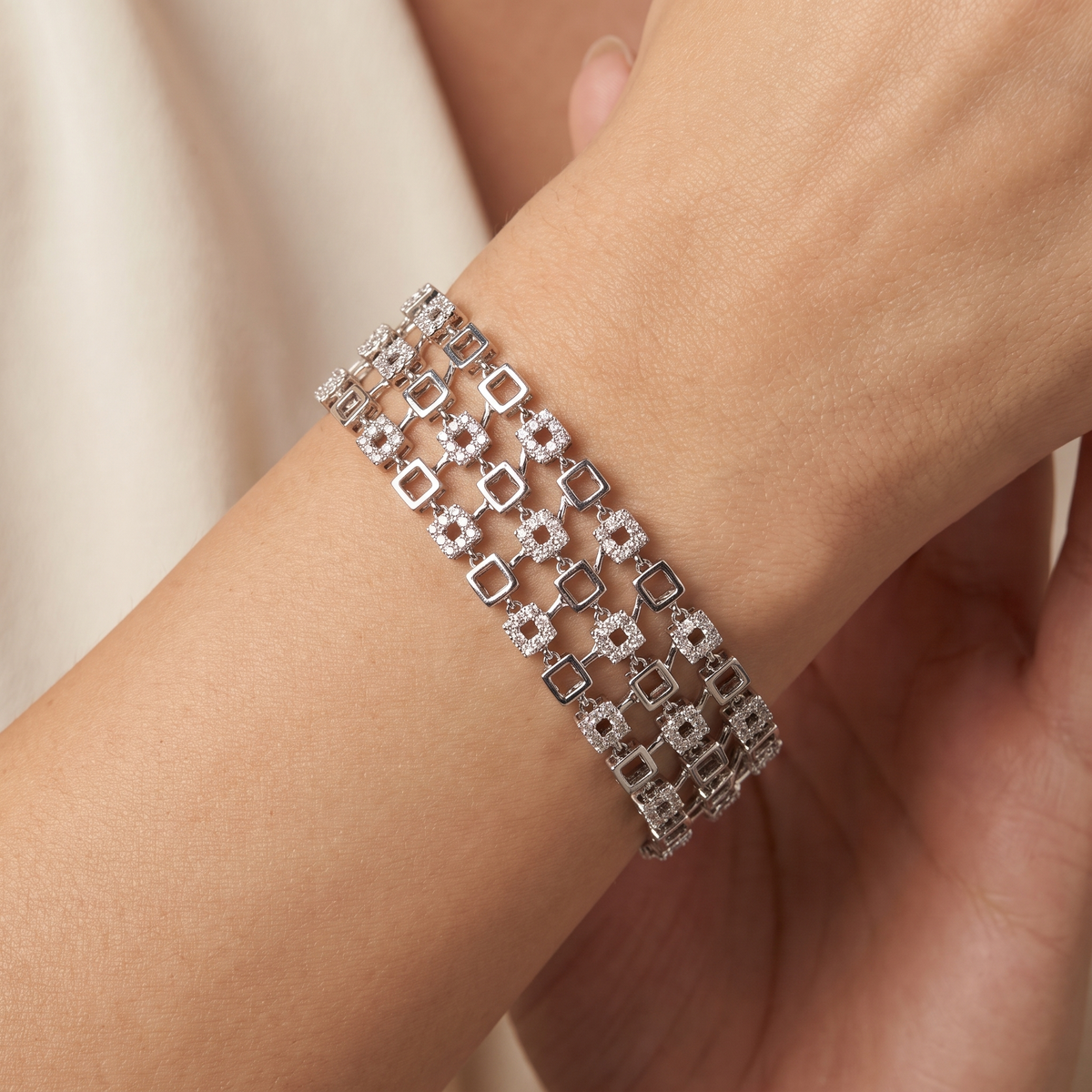 American Diamond Multi-Row Geometric Statement Bracelet in 925 Sterling Silver