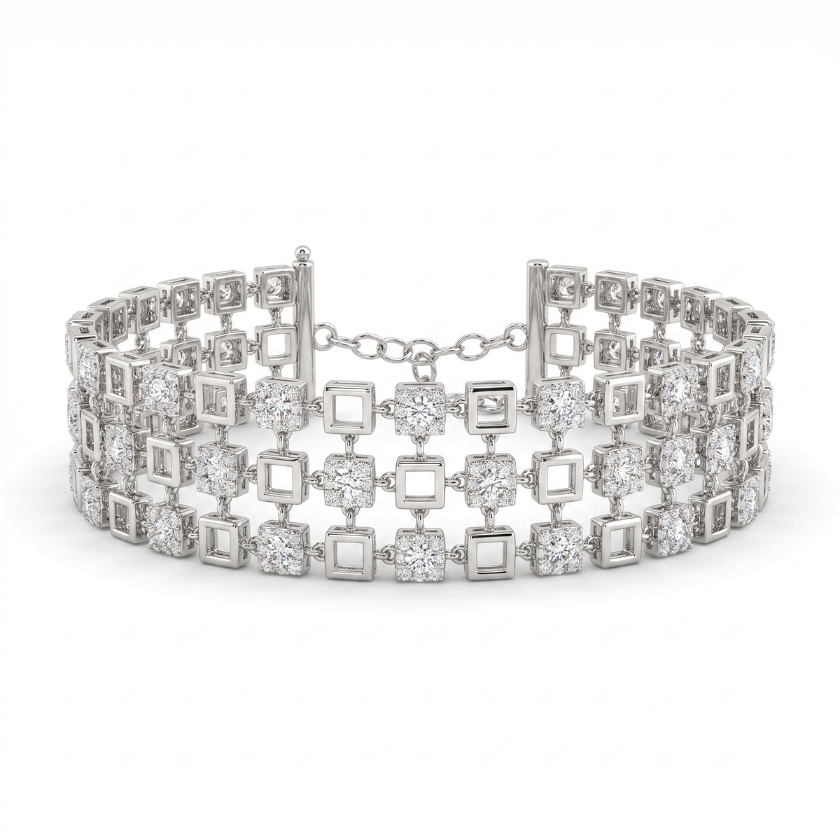 American Diamond Multi-Row Geometric Statement Bracelet in 925 Sterling Silver Main image
