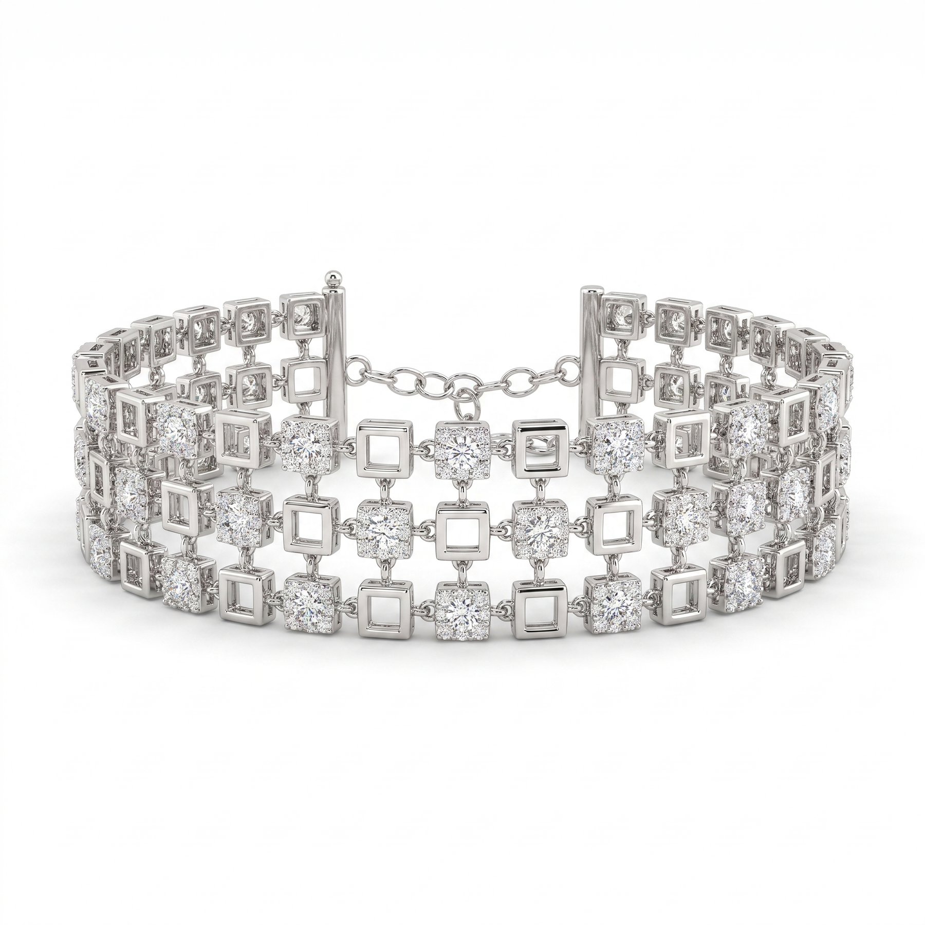 American Diamond Multi-Row Geometric Statement Bracelet in 925 Sterling Silver