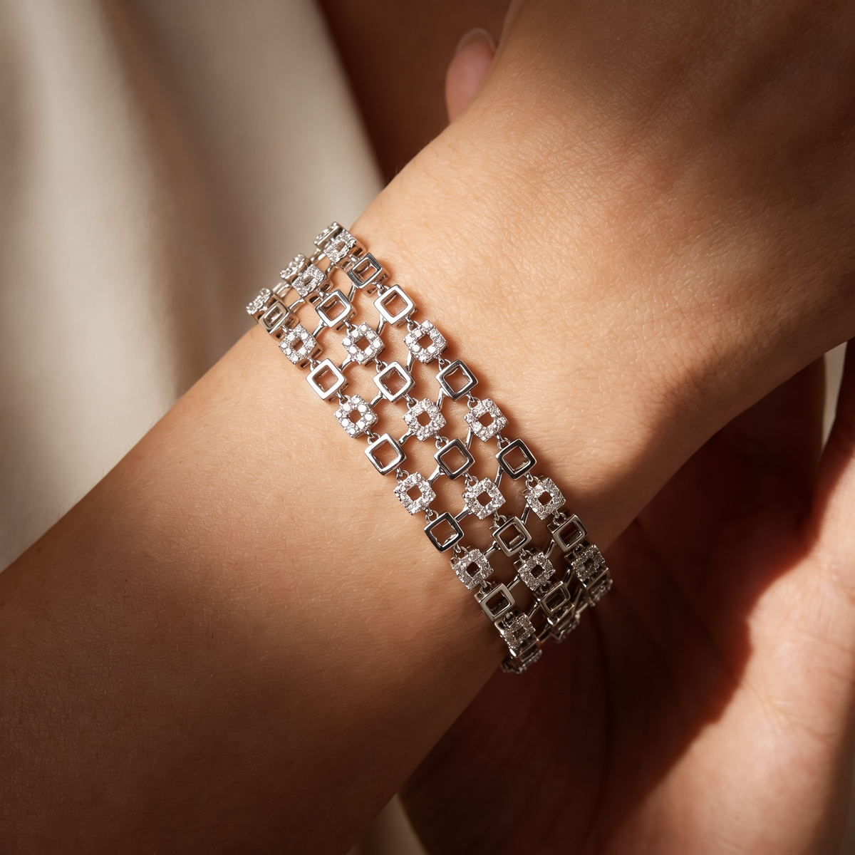 American Diamond Multi-Row Geometric Statement Bracelet in 925 Sterling Silver