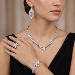 American Diamond Floral Leaf Complete Jewelry Set in 925 Sterling Silver