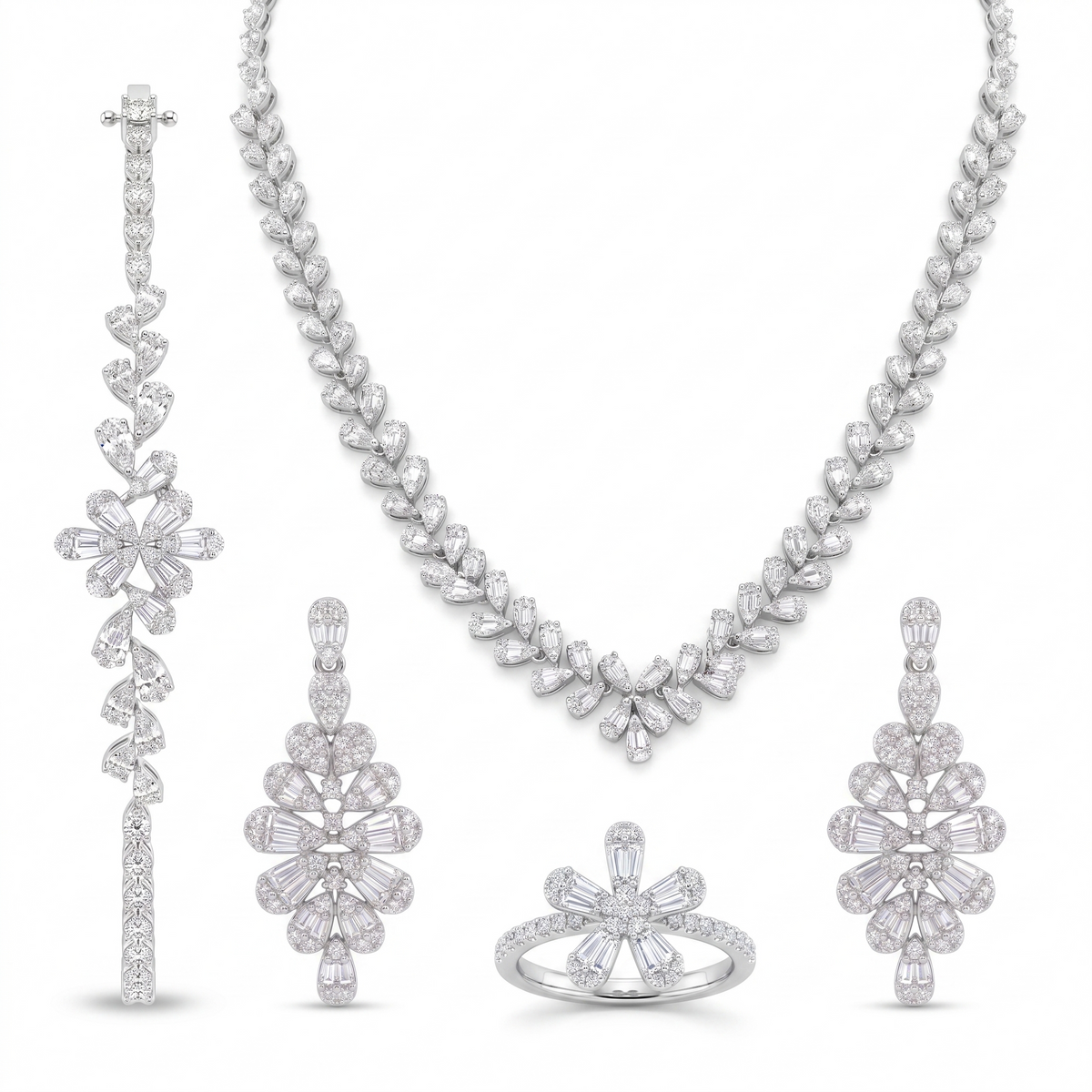 American Diamond Floral Leaf Complete Jewelry Set in 925 Sterling Silver Main image