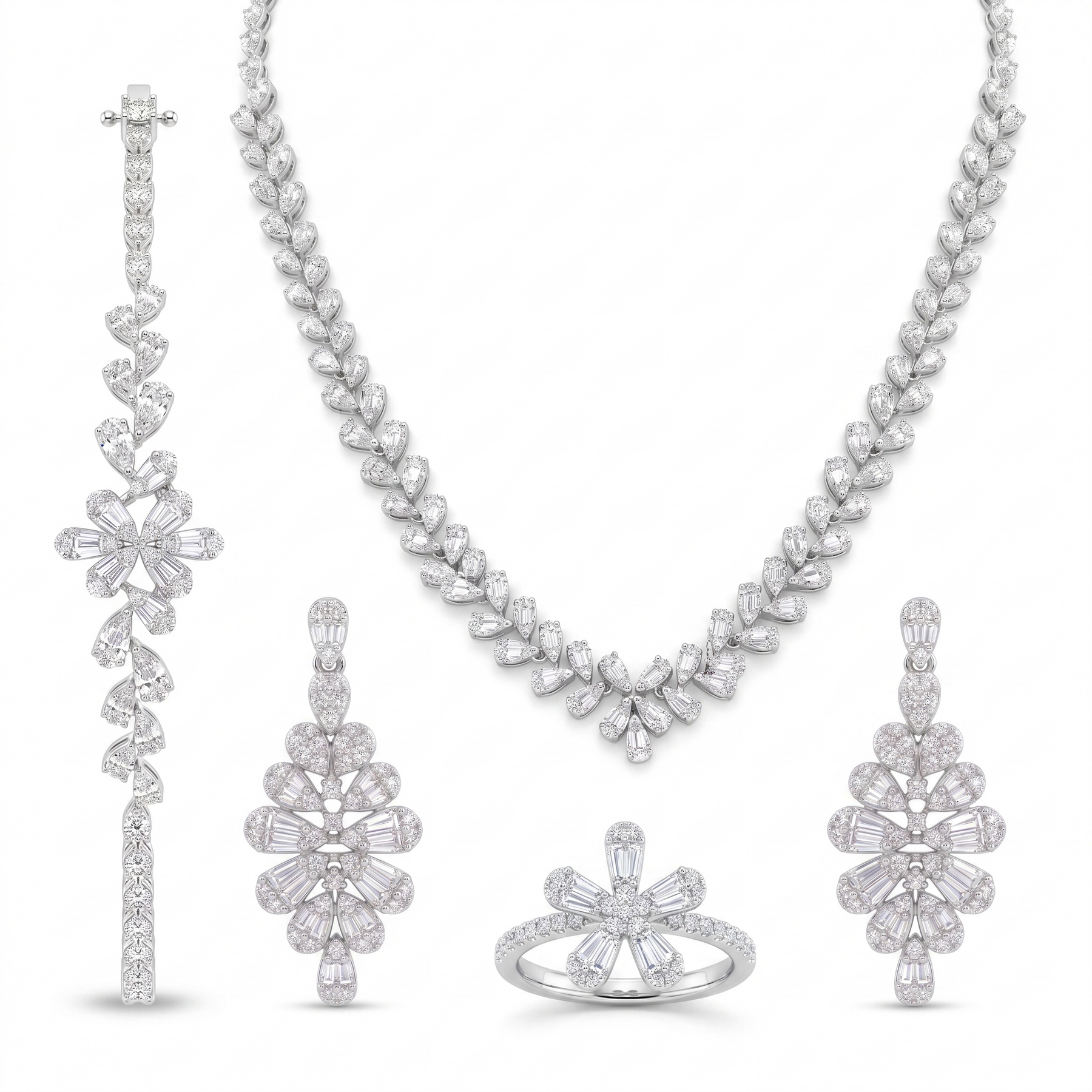 American Diamond Floral Leaf Complete Jewelry Set in 925 Sterling Silver