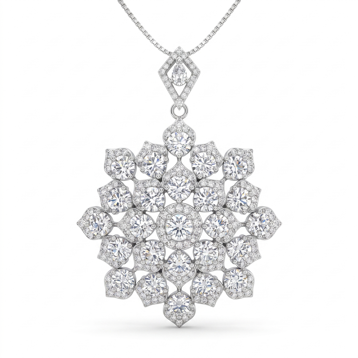 American Diamond Floral Cluster Statement Pendant in 925 Sterling Silver