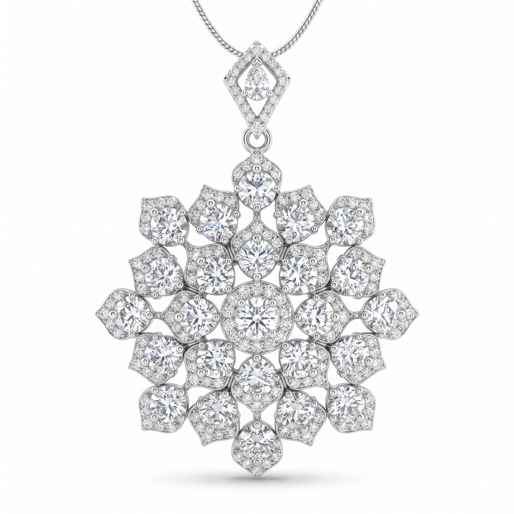 American Diamond Floral Cluster Statement Pendant in 925 Sterling Silver