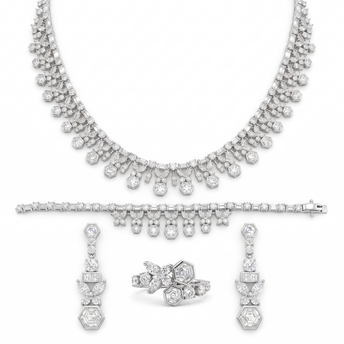 American Diamond Hexagonal Floral Complete Jewelry Set in 925 Sterling Silver Main image
