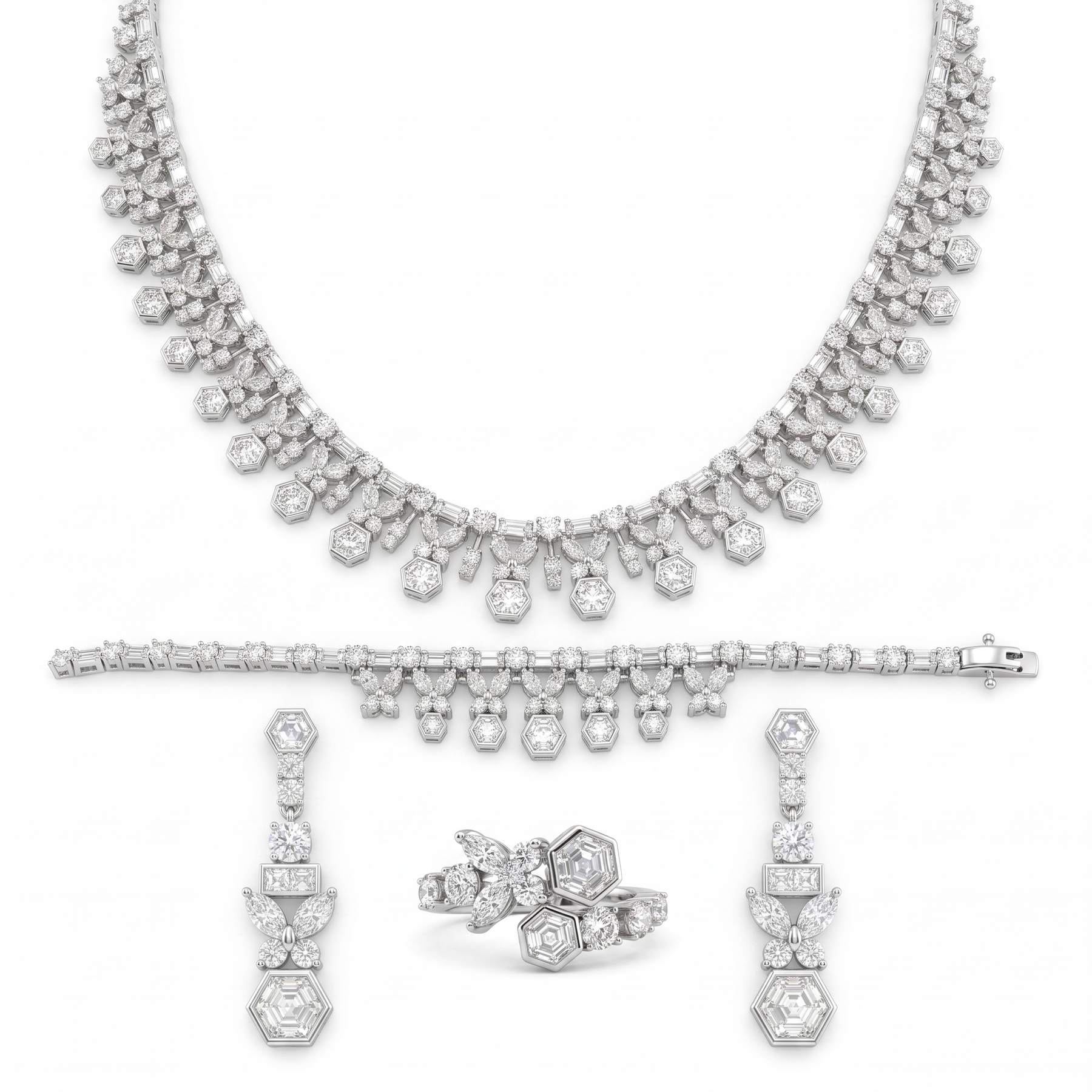 American Diamond Hexagonal Floral Complete Jewelry Set in 925 Sterling Silver