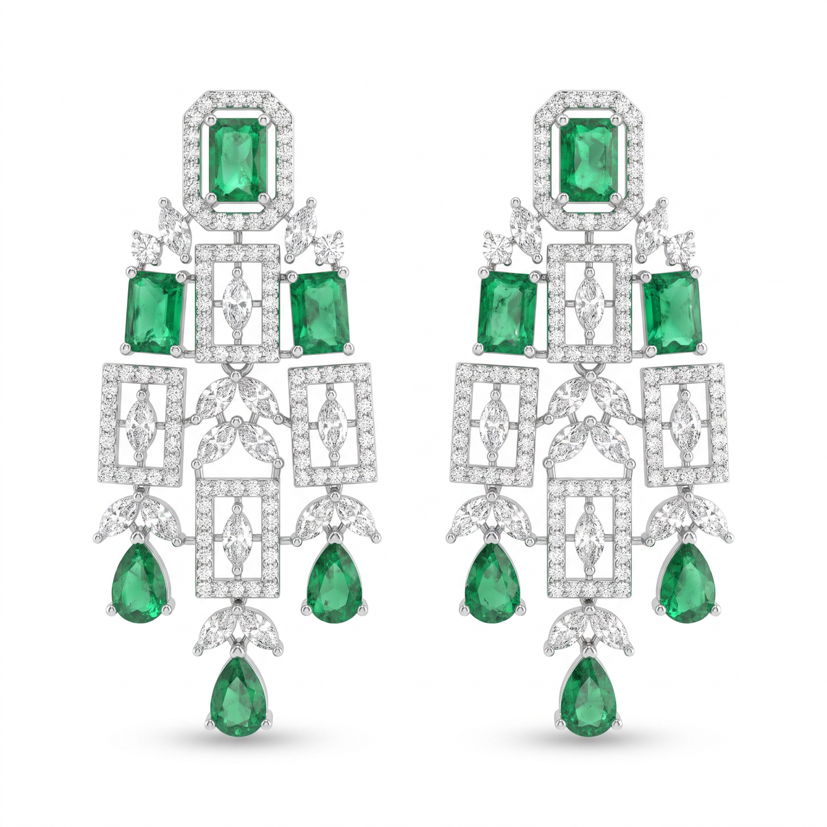 American Diamond & Emerald Green Geometric Drop Necklace and Earrings Set in 925 Sterling Silver