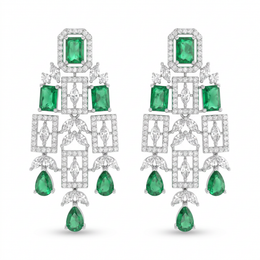 American Diamond & Emerald Green Geometric Drop Necklace and Earrings Set in 925 Sterling Silver