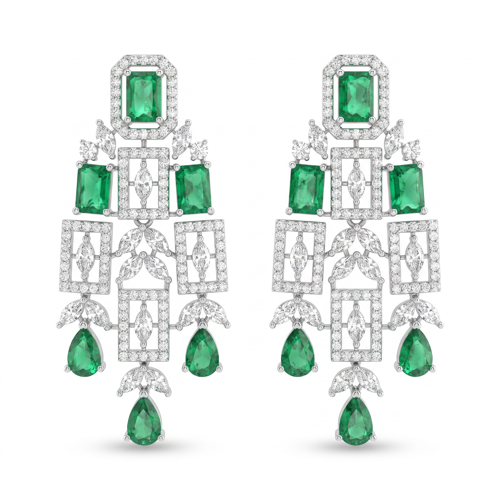 American Diamond & Emerald Green Stone Statement Necklace & Earrings Set in 925 Sterling Silver Secondary image