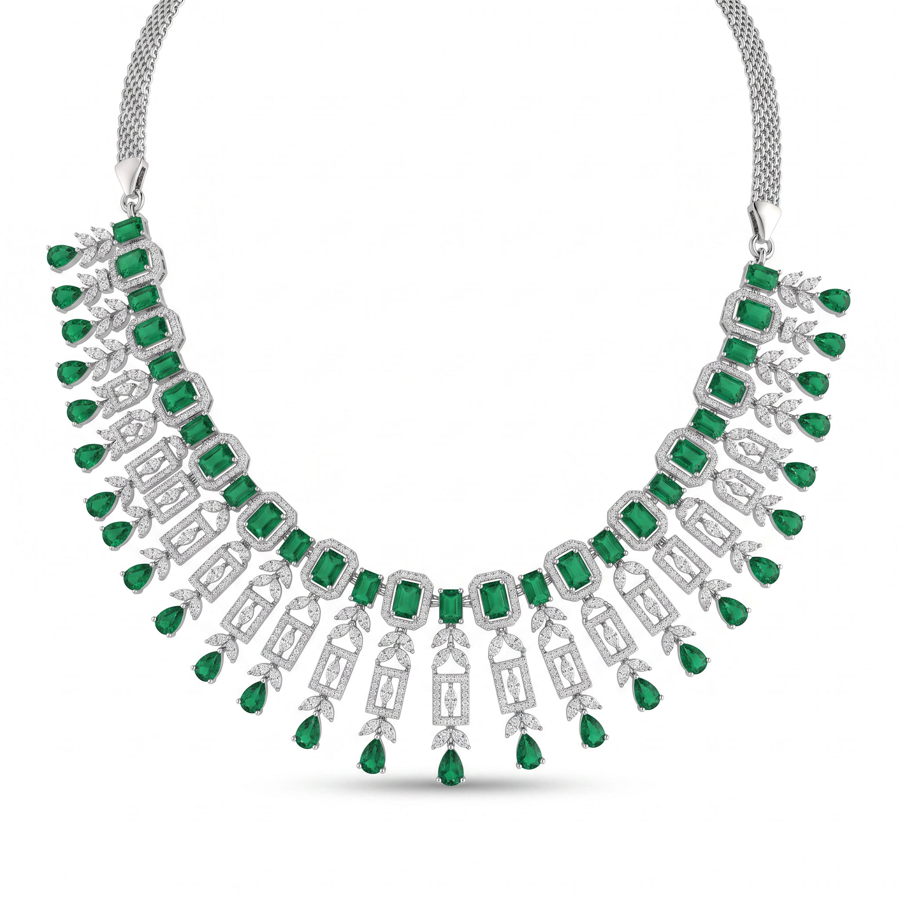 American Diamond & Emerald Green Stone Statement Necklace & Earrings Set in 925 Sterling Silver