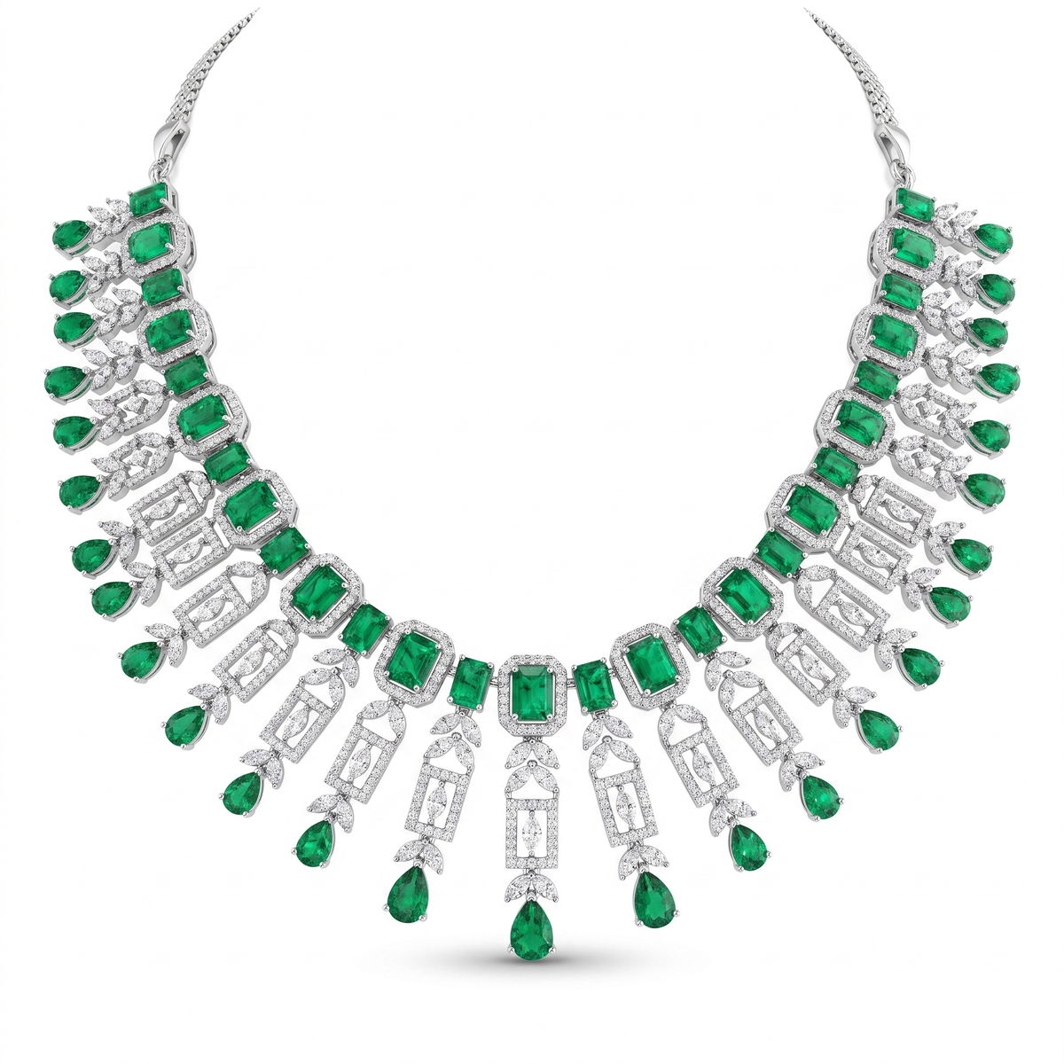 American Diamond & Emerald Green Geometric Drop Necklace and Earrings Set in 925 Sterling Silver