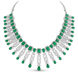 American Diamond & Emerald Green Stone Statement Necklace & Earrings Set in 925 Sterling Silver