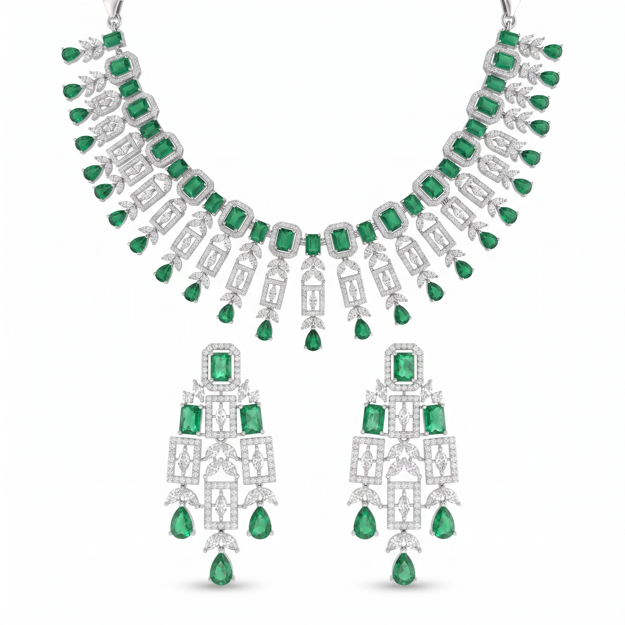 American Diamond & Emerald Green Geometric Drop Necklace and Earrings Set in 925 Sterling Silver Secondary image