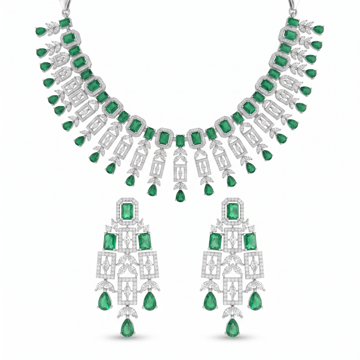 American Diamond & Emerald Green Geometric Drop Necklace and Earrings Set in 925 Sterling Silver