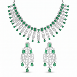 American Diamond & Emerald Green Geometric Drop Necklace and Earrings Set in 925 Sterling Silver