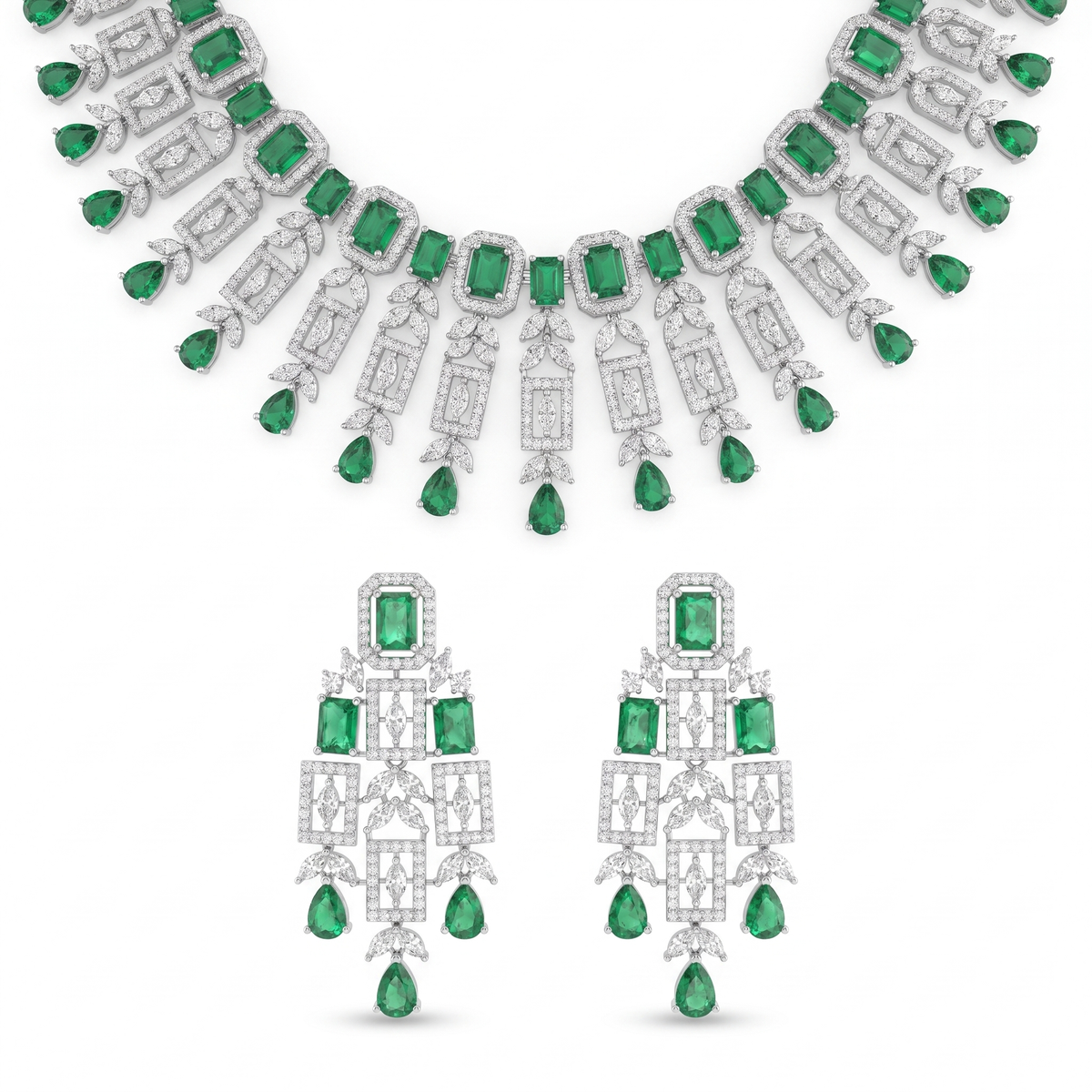 American Diamond & Emerald Green Geometric Drop Necklace and Earrings Set in 925 Sterling Silver Main image