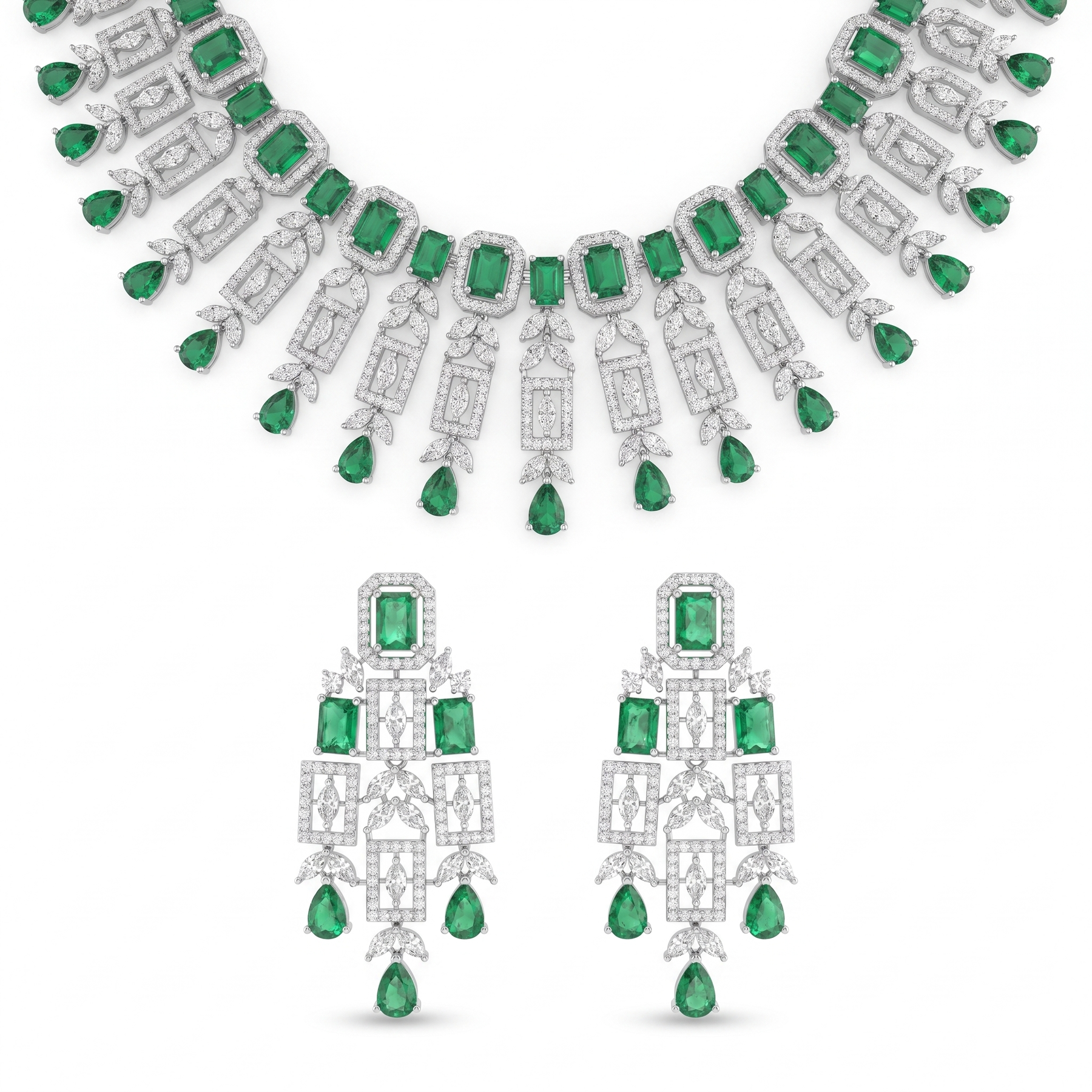 American Diamond & Emerald Green Geometric Drop Necklace and Earrings Set in 925 Sterling Silver
